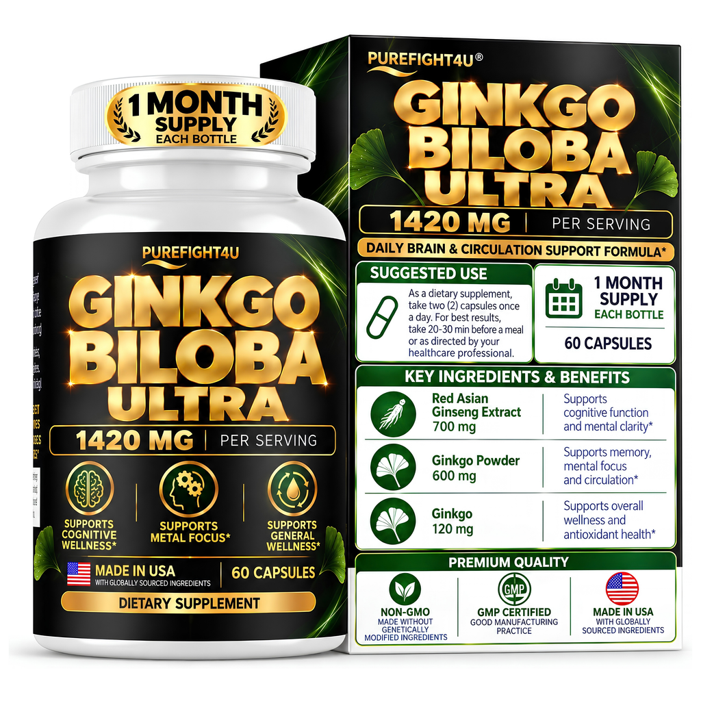 PUREFIGHT4U Ginkgo Biloba Ultra 1420 mg, Ginkgo & Red Asian Ginseng, Cognitive & Mental Focus Support, 60 Capsules