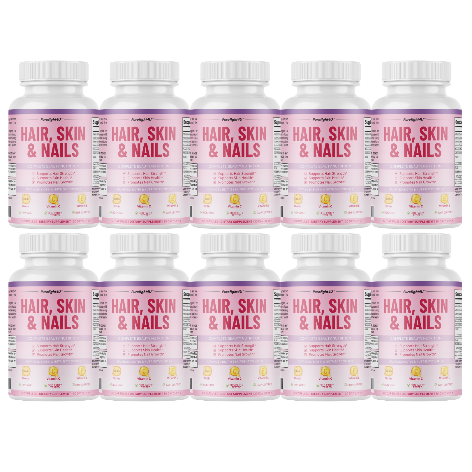 Purefight4u Hair, Skin & Nails Supports Healthy Hair Growth wBiotin -60 Capsules