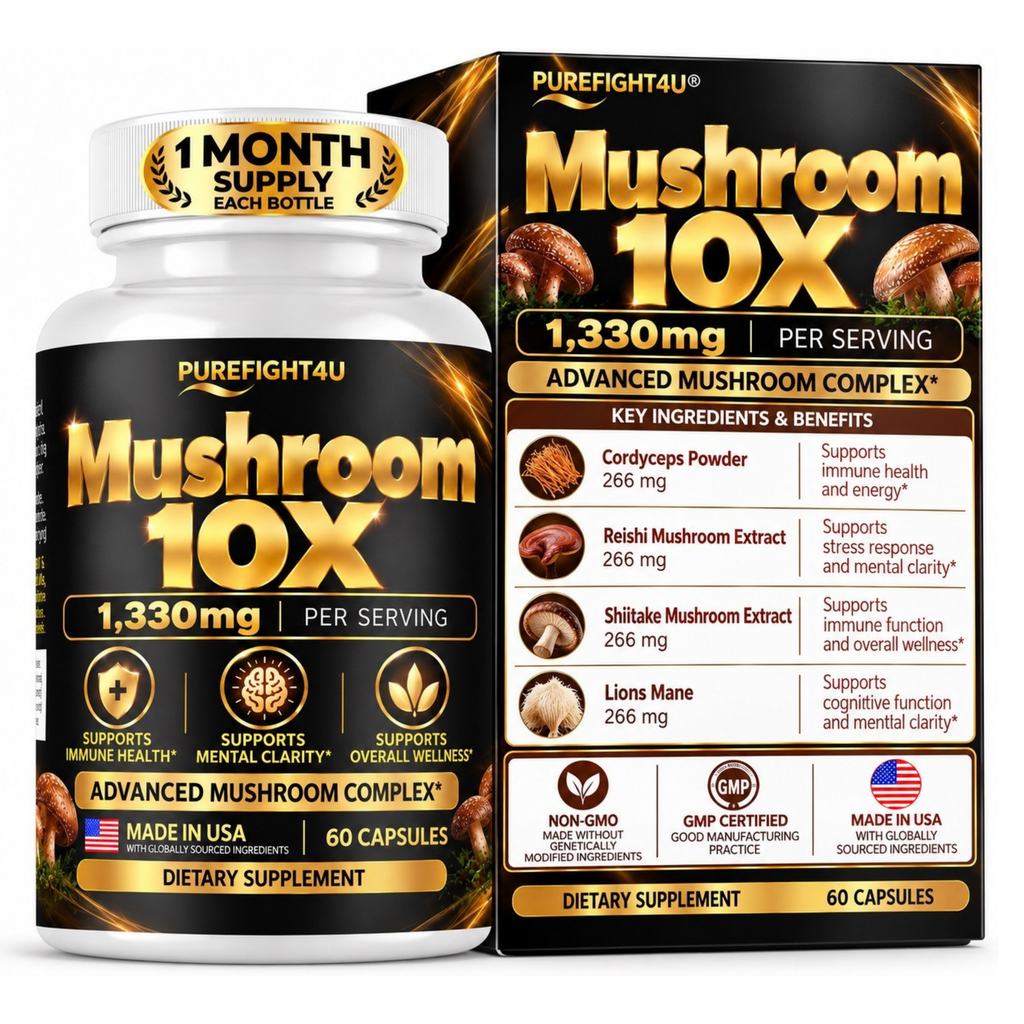 PureFight4U Mushroom 10X Complex 1,330 mg, Cordyceps, Reishi, Shiitake & Lion's Mane, 60 Capsules