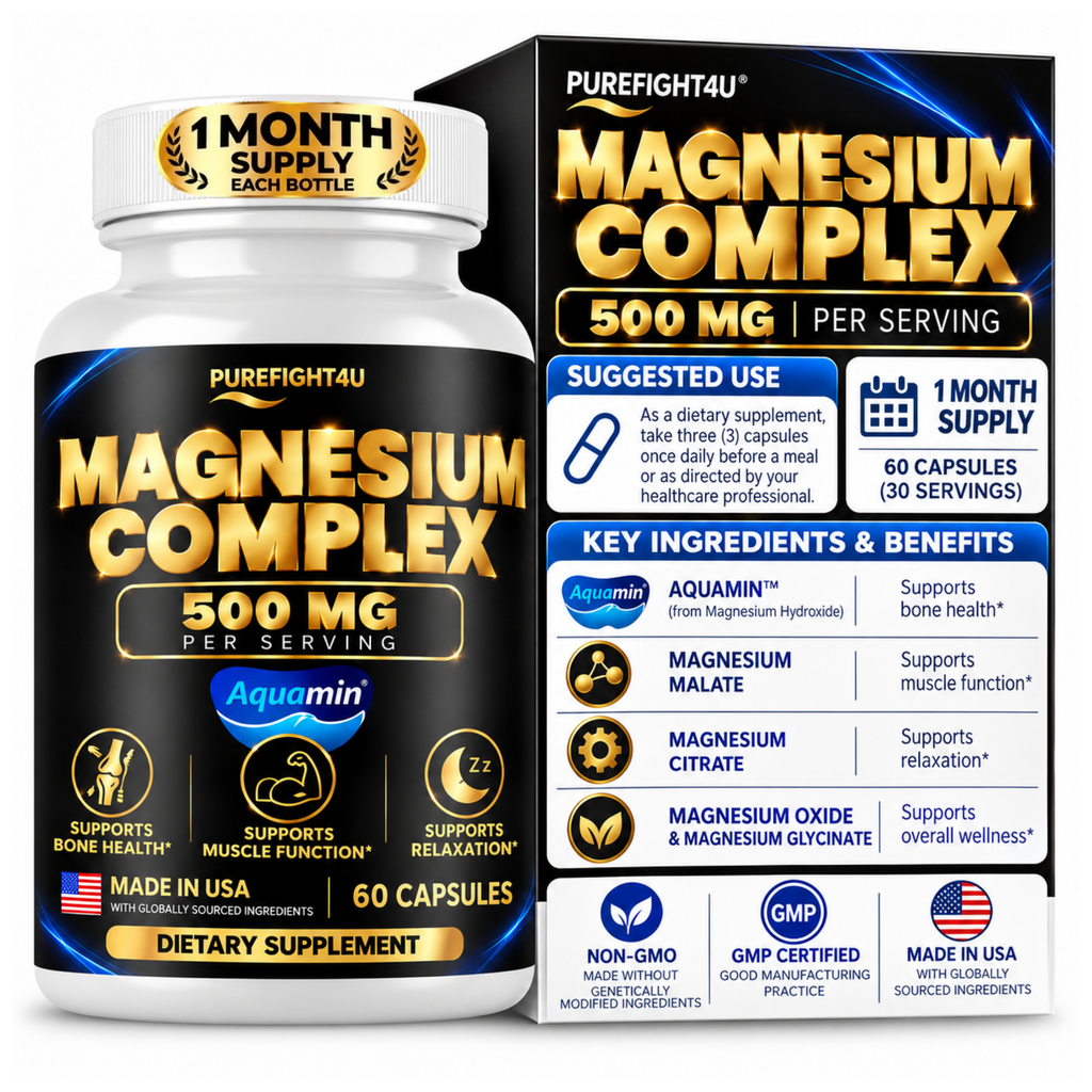 PureFight4U Magnesium Complex 500 mg, Multi-Form Magnesium Dietary Supplement, 60 Capsules