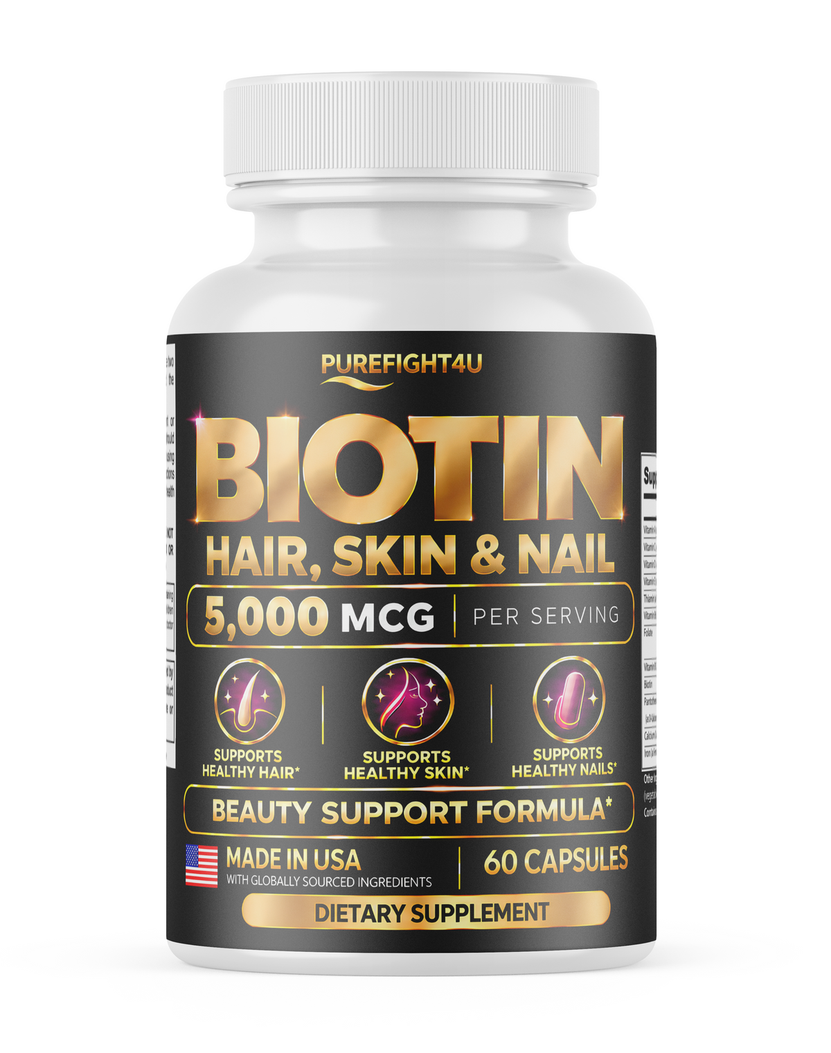 PureFight4U Biotin 5,000 mcg Dietary Supplement, Hair Skin & Nail Formula, 60 Capsules