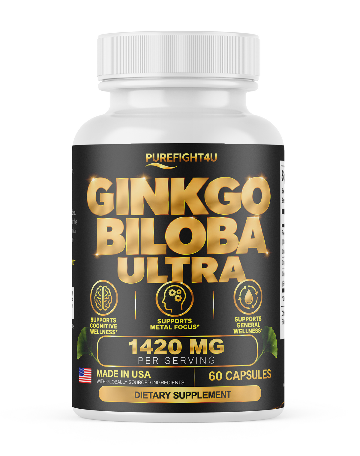 PUREFIGHT4U Ginkgo Biloba Ultra 1420 mg, Ginkgo & Red Asian Ginseng, Cognitive & Mental Focus Support, 60 Capsules