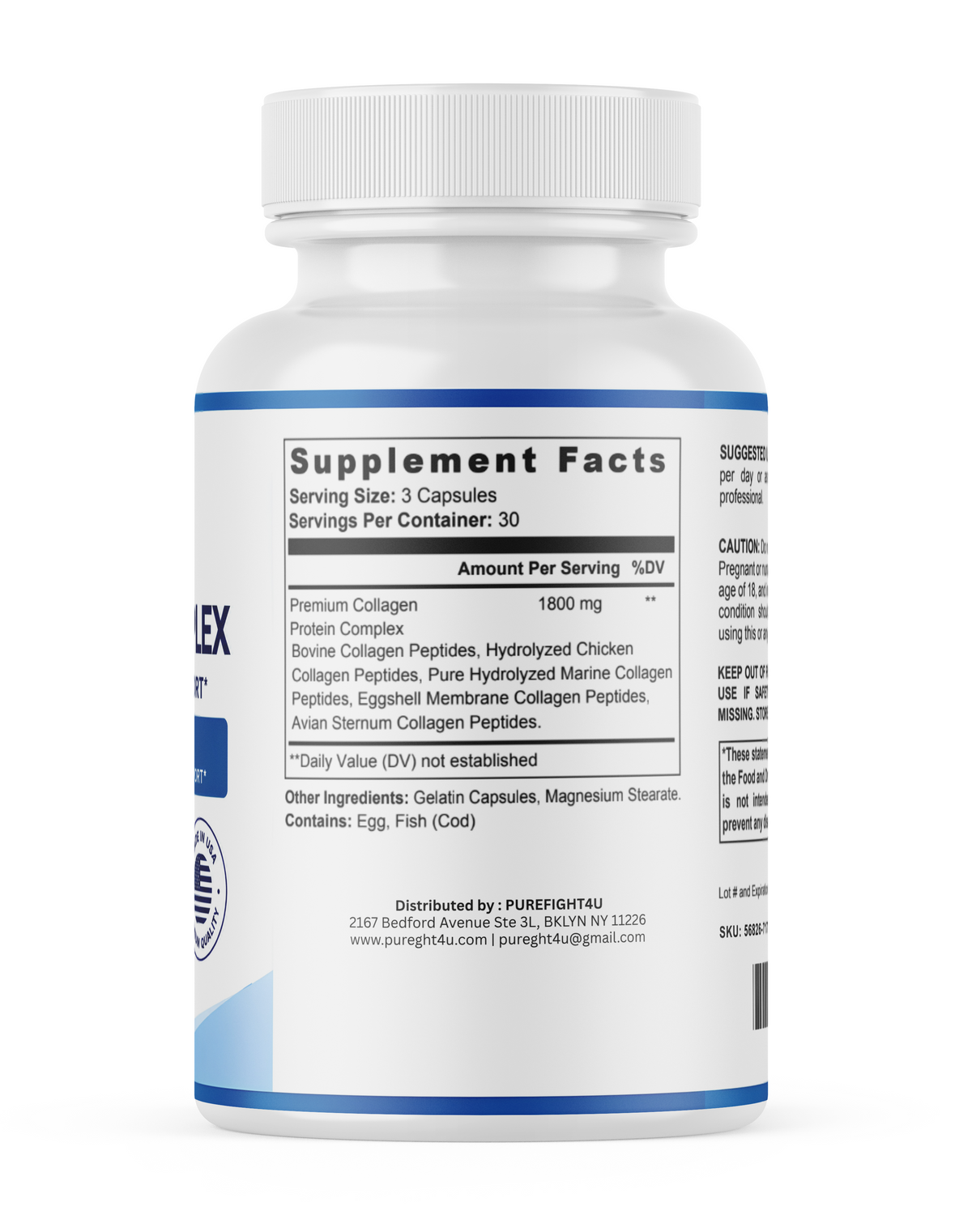 PUREFIGHT4U Peptide Recovery Complex, 1,800 mg Collagen Protein Complex, 5 Collagen Types, 90 Capsules
