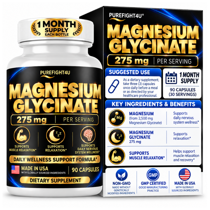 PUREFIGHT4U Magnesium Glycinate 275 mg, Muscle & Relaxation Support, 90 Capsules