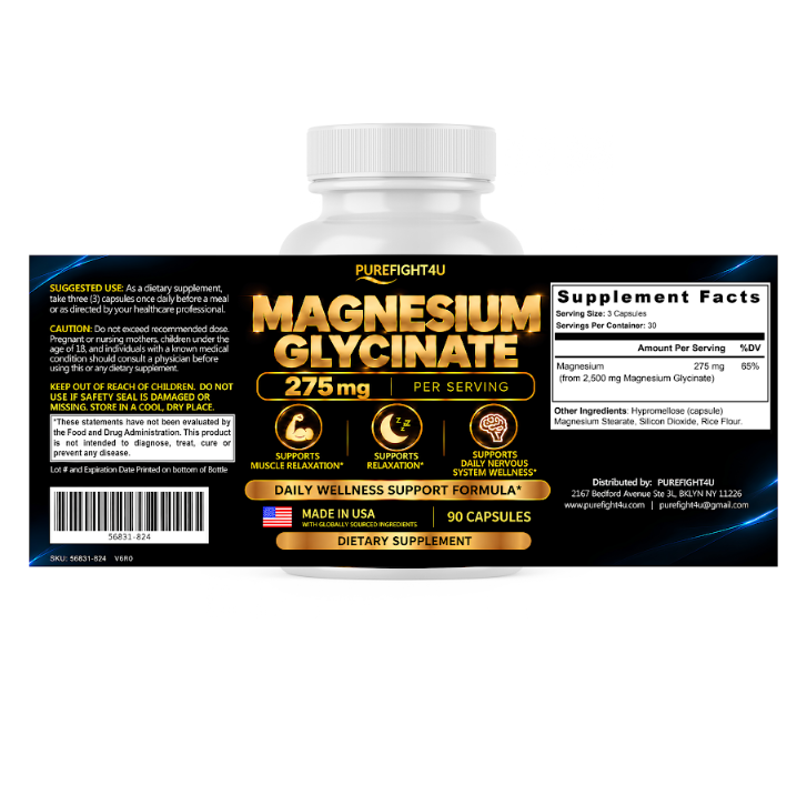 PUREFIGHT4U Magnesium Glycinate 275 mg, Muscle & Relaxation Support, 90 Capsules