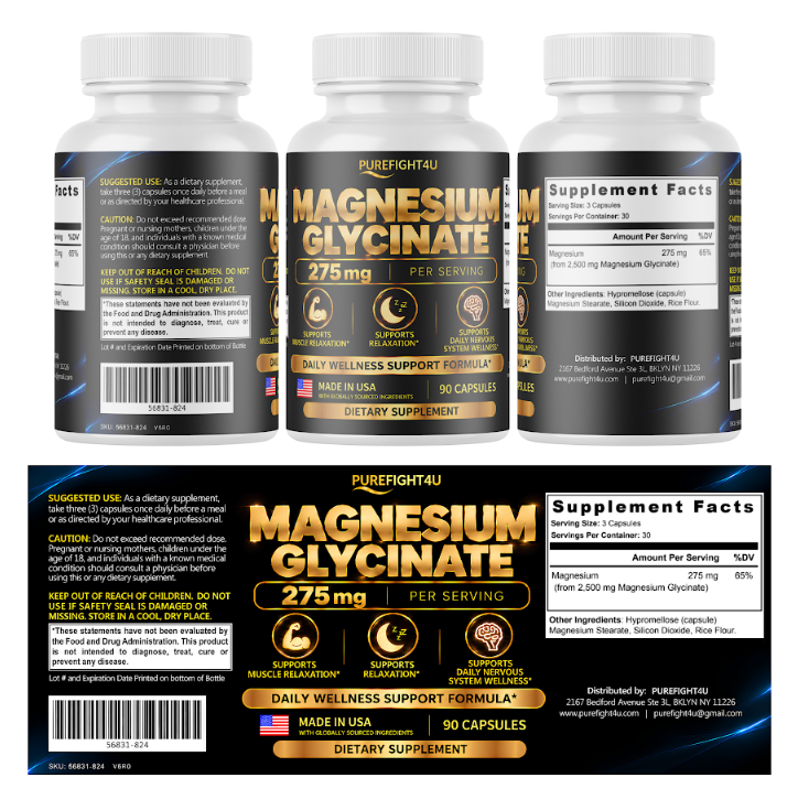 PUREFIGHT4U Magnesium Glycinate 275 mg, Muscle & Relaxation Support, 90 Capsules
