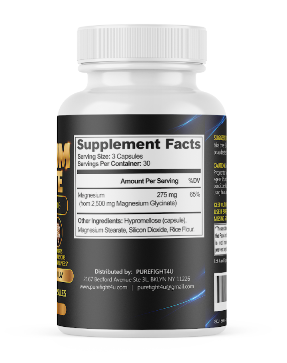 PUREFIGHT4U Magnesium Glycinate 275 mg, Muscle & Relaxation Support, 90 Capsules