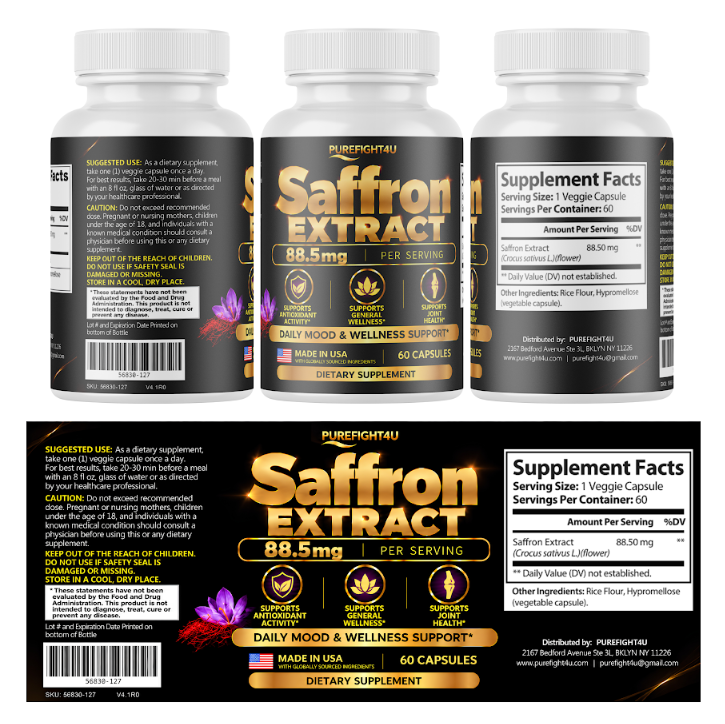 PUREFIGHT4U Saffron Extract 88.5 mg, Antioxidant & Daily Wellness Support, 60 Capsules