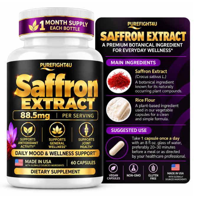 PUREFIGHT4U Saffron Extract 88.5 mg, Antioxidant & Daily Wellness Support, 60 Capsules