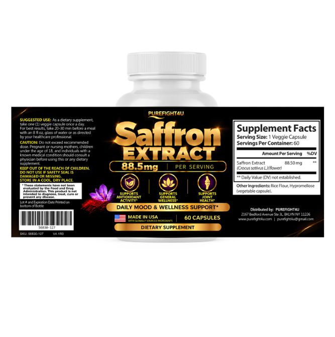 PUREFIGHT4U Saffron Extract 88.5 mg, Antioxidant & Daily Wellness Support, 60 Capsules