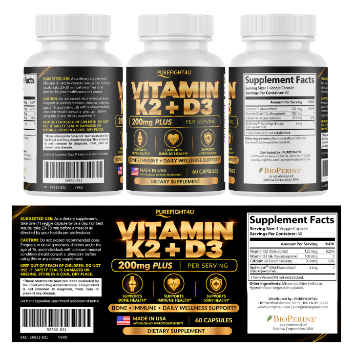 PUREFIGHT4U Vitamin K2 + D3, 125 mcg Vitamin D3 & 100 mcg Vitamin K2, Bone, Immune & Joint Support, 60 Capsules