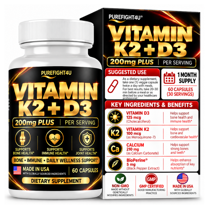 PUREFIGHT4U Vitamin K2 + D3, 125 mcg Vitamin D3 & 100 mcg Vitamin K2, Bone, Immune & Joint Support, 60 Capsules