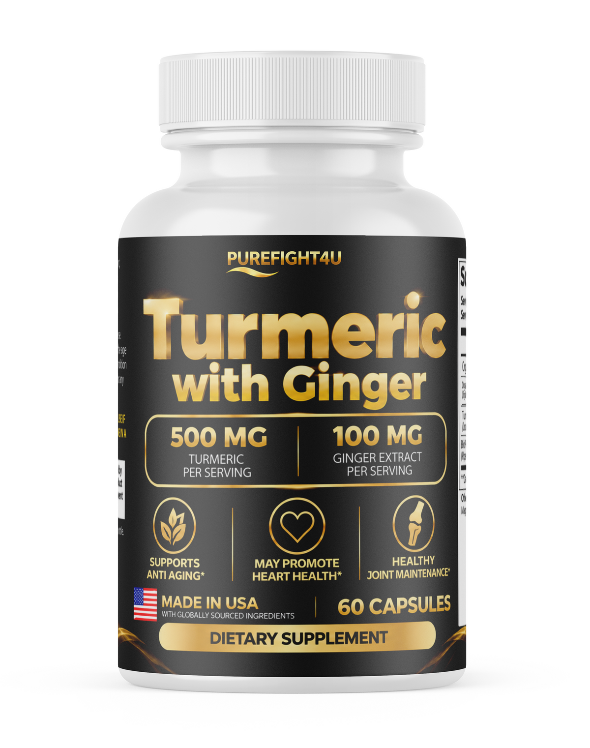 PUREFIGHT4U Turmeric with Ginger, 500 mg Turmeric & 100 mg Ginger Extract, Joint Wellness Support, 60 Capsules