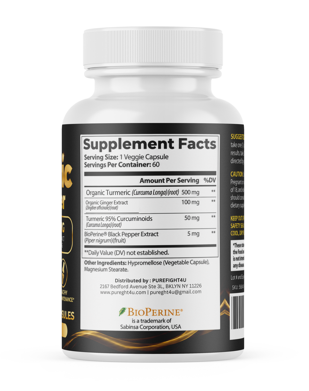 PUREFIGHT4U Turmeric with Ginger, 500 mg Turmeric & 100 mg Ginger Extract, Joint Wellness Support, 60 Capsules