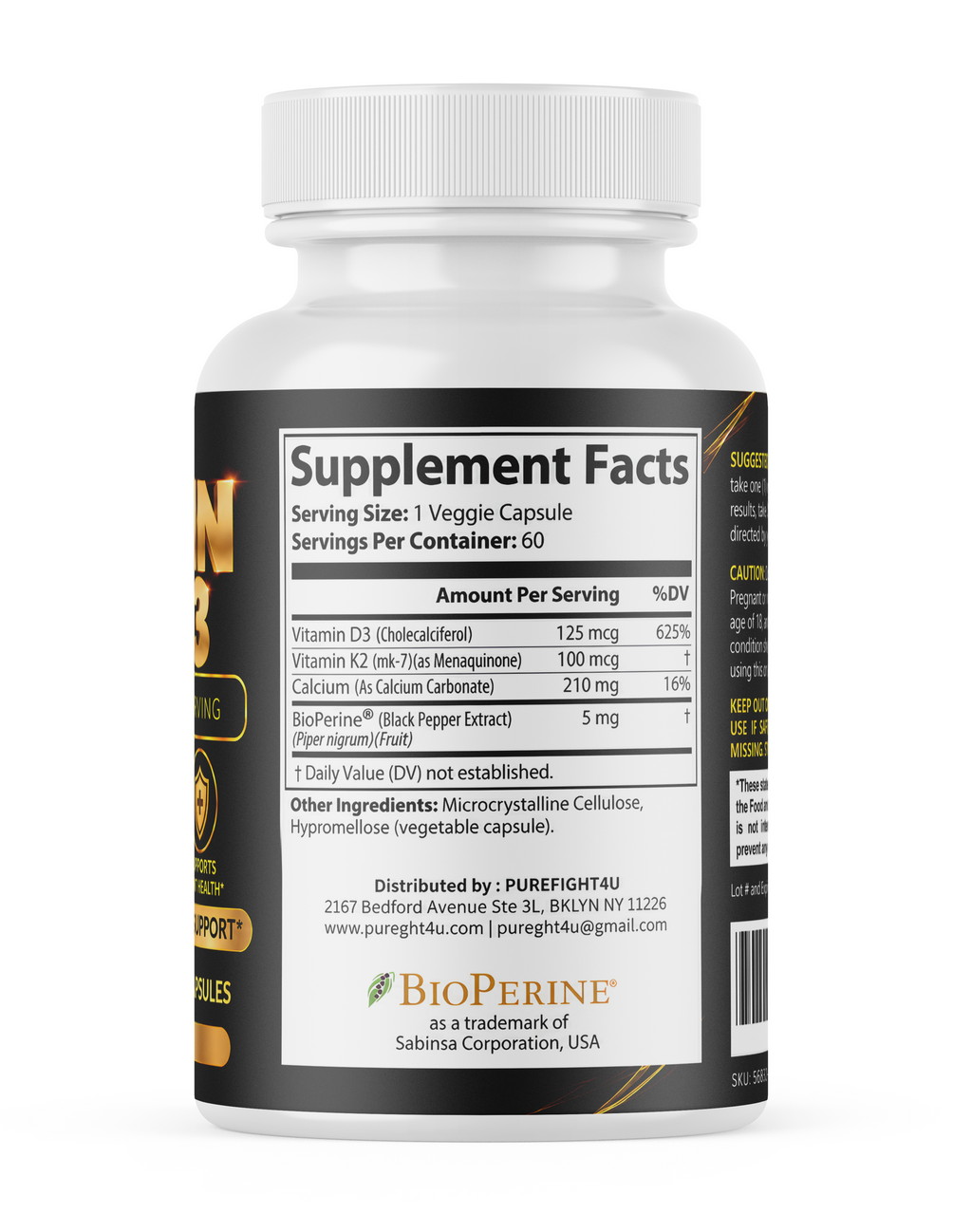 PUREFIGHT4U Vitamin K2 + D3, 125 mcg Vitamin D3 & 100 mcg Vitamin K2, Bone, Immune & Joint Support, 60 Capsules