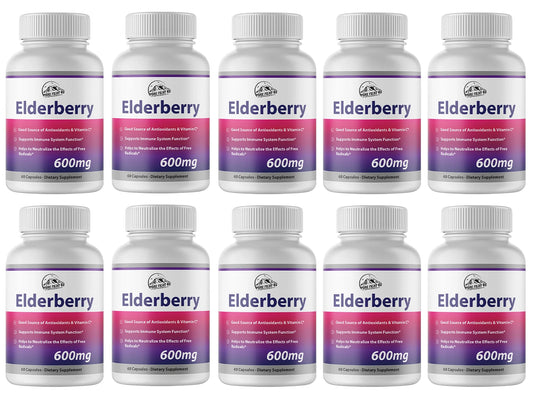 Elderberry Capsules 600mg Immune System Support - 10 Bottles 600 Capsules