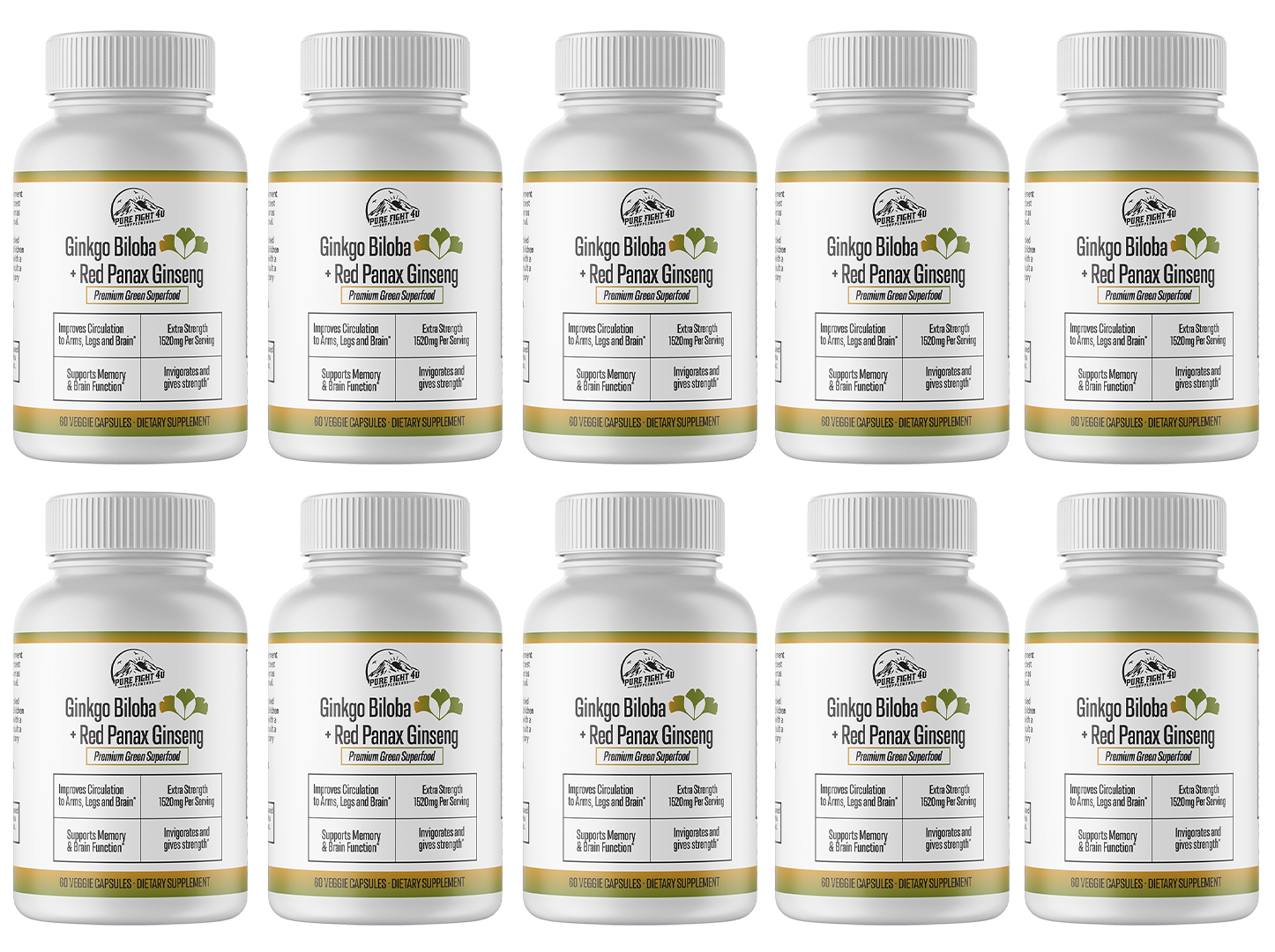 Ginkgo Biloba+Red Panax Ginseng Premium Green Superfood -10 Bottles 600 Capsules