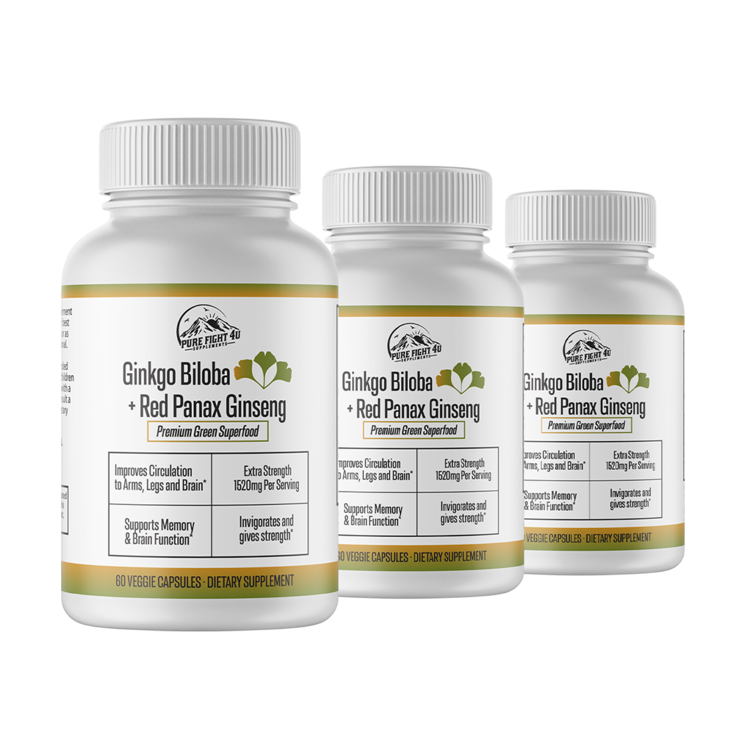 Ginkgo Biloba+Red Panax Ginseng Premium Green Superfood - 3 Bottles 180 Capsules